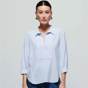 Nation LTD Everlee Blouse Size Medium Blue White Mini Stripe Coastal Preppy